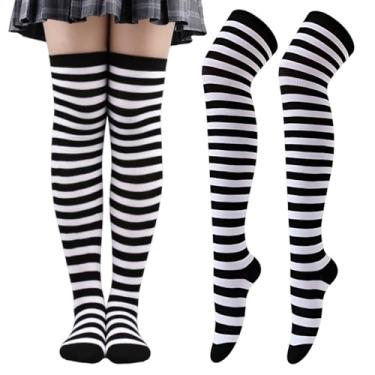 Imagem de Meia-calça listrada acima do joelho, meias longas festivas para uso sazonal, preto e branco