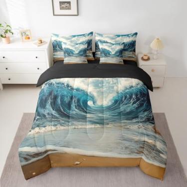 Imagem de Erosebridal Jogo de cama casal Ocean Waves, 7 peças, praia costeira, reversível, preto com edredom, lençol de cima, fronhas e fronhas