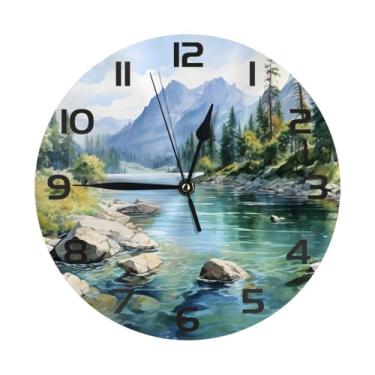 Imagem de Tangopi Relógio de parede Mountain Forest River, 25 cm, silencioso, sem tique-taque, relógio decorativo operado por bateria para quarto, cozinha, escritório, sala de aula