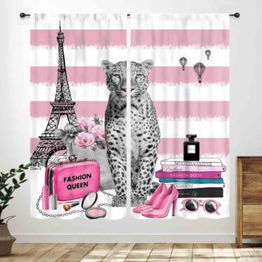 Imagem de Cortinas de leopardo, moderno rosa listrado, floral, perfume floral, revistas, livros, meninas, mulheres, tratamentos de janela para sala de estar, banheiro, 2 painéis, 106 x 113 cm