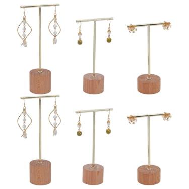 Imagem de FINGERINSPIRE Suporte de exibição de brinco de barra em T, 6 peças, 4,61/5,51/6,3 polegadas, suporte de exibição de joias de metal dourado com coluna base de madeira, suporte para fotografia, para