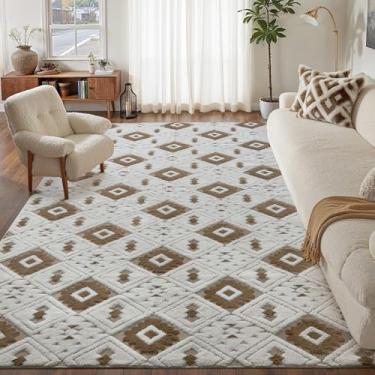 Imagem de WondRg Tapete felpudo lavável 20 x 25 cm marrom e marfim para sala de estar, quadriculado, neutro, macio, antiderrapante, durável, geométrico, boho, quarto, escritório, sala de jogos, sala de jantar