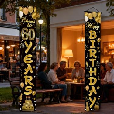 Imagem de Banner de porta de aniversário de 60 anos 2D 1 par de design preto dourado, placa de fundo Cheers to 60 Years para varanda, festa interna e externa, preta