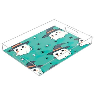 Imagem de xigua Bandeja de servir de acrílico fantasma de Halloween com alças à prova de derramamento, bandejas decorativas de festa de Halloween, bandeja organizadora de bancada para banheiro, cozinha, 30,5 x