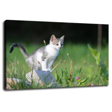 Imagem de Arte de parede doméstica impressão em tela de gato pôster de gatinho para casa conjunto de 1 decorações com moldura 30,48 cm x 20,32 cm