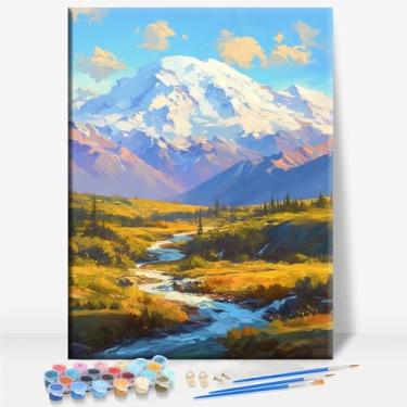 Imagem de HUINORYA Denali Travel Alaska Tela emoldurada DIY Kit de pintura por números bar café caverna casa de banho parede banheiro varanda pátio decoração presente, 40,6 x 30,5 cm