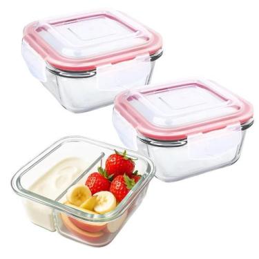 Imagem de Kit 2 Potes De Vidro Tampa Hermético 2 Divisórias Marmita Fit 4 Travas