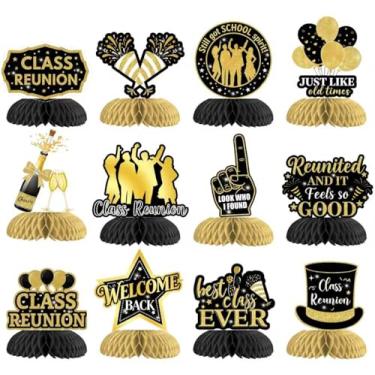 Imagem de Decorações de mesa de reunião de classe, 12 peças de centro de favo de mel, preto e dourado, decoração de festa de reunião escolar de boas-vindas