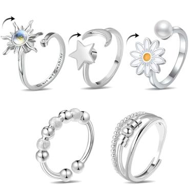 Imagem de PQJSJDR 5 anéis de ansiedade ajustáveis, anel giratório de aço inoxidável prata antiansiedade, anéis abertos antipreocupação, presentes para mulheres, dia dos namorados e aniversário