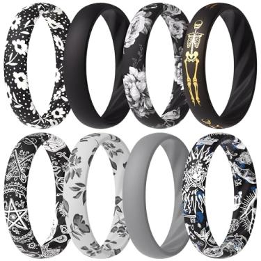 Imagem de ThunderFit Alianças de casamento de silicone para mulheres, ranhuras onduladas elegantes, 4 mm de largura, 1,6 mm de espessura, respirável, anéis de noivado de borracha femininos, pacote com 8 (O-U