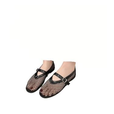 Imagem de In Summer Wear bico redondo, fivelas retas casuais e confortáveis, sapatilhas femininas recortadas Jane sapatos arrastão (preto, PP)