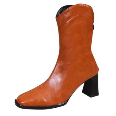 Imagem de Botas femininas de bico quadrado com zíper e salto grosso para moda outono e inverno, Marrom, 38