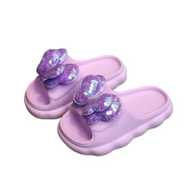 Imagem de Chinelos infantis com laço – sapatos fofos com sola antiderrapante para meninas, chinelos de uso interno, Roxa, 8-8.5 Toddler