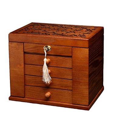 Imagem de Caixa de joias caixa de joias de veludo de madeira com espelho de fechadura versátil cor antiga caixa de armazenamento de alta capacidade para anel, brincos, colar, acessórios de mão, caixa de joias