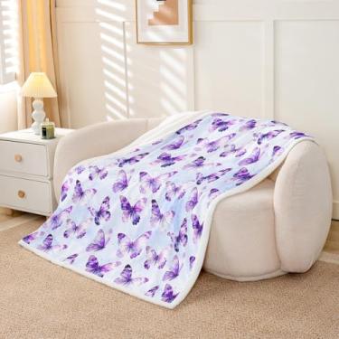 Imagem de Feelyou Cobertor de lã de borboleta roxa para meninas, 101,6 x 127 cm, cobertor de lã de ovelha, felpudo, felpudo, para cama, sofá, cadeira, sala de estar, manta tie dye, decoração de quarto