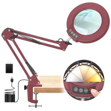 Imagem de Seylae Lupa de 10 x com luz e grampo, lente de vidro real iluminada com suporte, 5 modos de cores, lâmpada de mesa com ampliação regulável de LED, mãos livres, para artesanato, pintura, costura