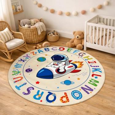 Imagem de Kiginara Tapete redondo lavável alfabeto ABC 1 m, tapete de círculo espacial de astronauta infantil, tapete educacional macio antiderrapante para sala de aula, sala de jogos e decoração de quarto de
