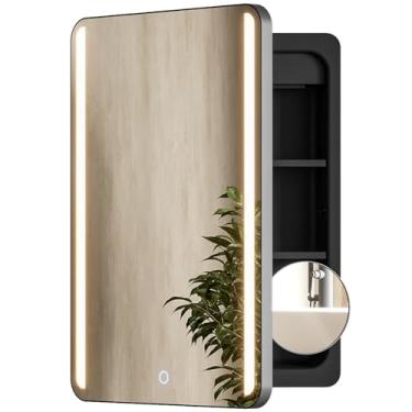 Imagem de Armário de remédios iluminado por LED de 45 x 66 cm com espelho para banheiro, armário com espelho embutido na parede ou embutido com espelho de ampliação 3X, prateleiras de armazenamento ajustáveis