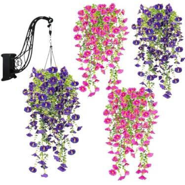 Imagem de Flores artificiais resistentes a UV para ambientes externos | Flores artificiais realistas para ambientes externos, petúnias, guirlanda realista de seda, vegetação à prova de desbotamento, 4 peças
