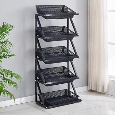 Imagem de Prateleiras de vegetais comerciais, rack de exibição de supermercado de metal de 5 camadas para frutas e lanches, grande organizador de varejo com cestas, ideal para uso em mercearia e cozinha (preto)