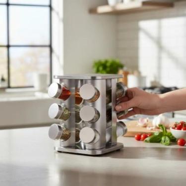Imagem de Porta Condimentos e Temperos Giratório com 12 Potes em Aço Inox e Vidr