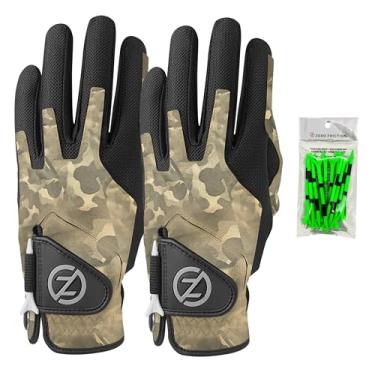 Imagem de Zero Friction Luva de golfe sintética masculina de compressão, ajuste universal, tamanho único (pacote com 2) com pacote de camisetas de golfe, camuflagem de campo