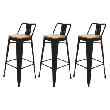 Imagem de Kit 3 Banquetas Tolix Iron Industrial Preta Assento Madeira - Cadeiras