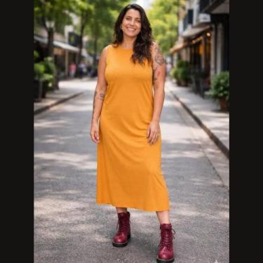 Imagem de Vestido feminino plus size midi casual fenda unilateral malha algodão 