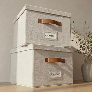 Imagem de ZICOTO Conjunto de 2 caixas decorativas organizadoras de arquivos - Armários dobráveis de linho com alças são perfeitos para armazenar todos os seus documentos e pastas de arquivos suspensas - Caixas