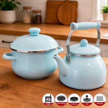 Imagem de Kit Chaleira 2,5L e Panela Caçarola 3,6L Esmaltada Grafite em Ferro Fu