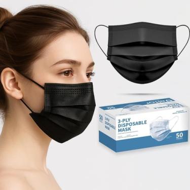 Imagem de Kit com 50 Máscaras Faciais Descartáveis Pretas 3 Camadas Respirável -