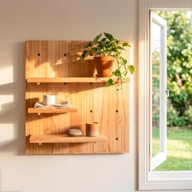 Imagem de Moai Painel Pegboard com 3 Prateleiras Quadrado Madeira De Pinus 40 Cm Moderno, Minimalista