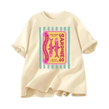 Imagem de Camiseta Feminina Retrô Com Estampa De Sardinhas, Estampa De Peixe Enl