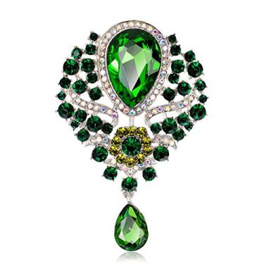 Imagem de JewelBeauty broche feminino de cristal prateado buquê flor lágrima grande lindo buquê broche, Verde