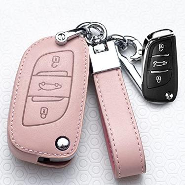 Imagem de YJADHU Capa de chave de carro de couro, apto para Peugeot 107 206 207 208 306 307 301 308S 407 2008 3008 4008 5008 RCZ Citroen C1 C2 C3 C4 C5 DS3 DS4,D. rosa rosa