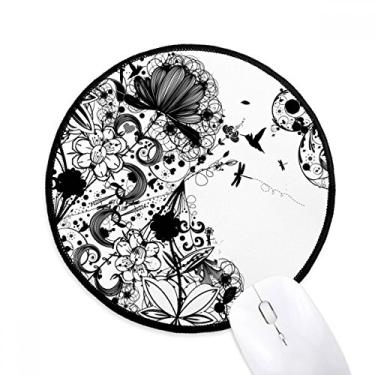 Imagem de Plantas de flores preto branco arte contorno de grão mouse pad desktop escritório tapete redondo para computador