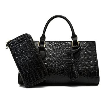 Imagem de Mala de mão moda retro mala de mão feminina bolsa cruzada conjunto 2pcs (conjunto preto)
