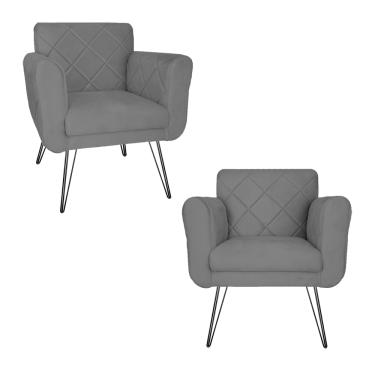 Imagem de Kit 2 Poltronas Decorativas Para Quarto Closet Pés de Ferro Isabella Suede Cinza - LM DECOR