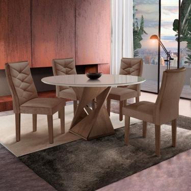 Imagem de Conjunto Sala de Jantar Mesa Tampo Redondo Plus Vidro 100cm com 4 Cadeiras Barcelona Cel Móveis Chocolate/Off White/Suede Animale