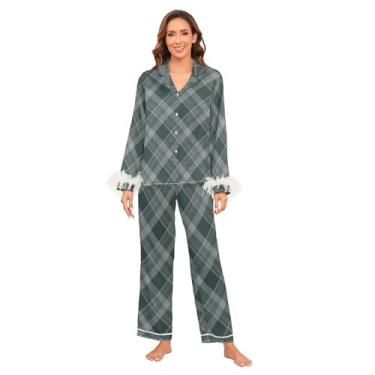 Imagem de GuoChe Conjunto de pijama de cetim para mulheres, conjunto de pijama de seda leve e confortável, conjunto de pijama de noiva para festa do pijama, dama de honra, Xadrez de búfalo,