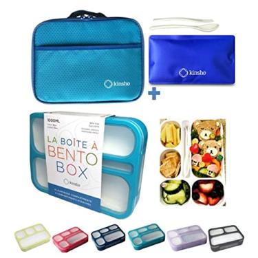Imagem de Bento-Box com bolsa e conjunto de embalagem de gelo. Lancheiras, recipientes para lanche para crianças, meninos, meninas, adultos. 6 compartimentos, caixas de contêiner à prova de vazamento, sacos isolados para almoços escolares, sem BPA, azul