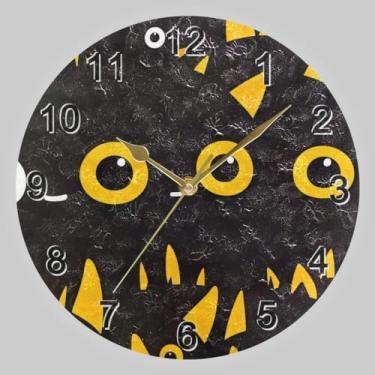 Imagem de CHIFIGNO Relógio redondo de gato preto com olhos amarelos brancos de 25,4 cm, relógio de parede redondo operado por bateria de 25,4 cm para decoração de parede