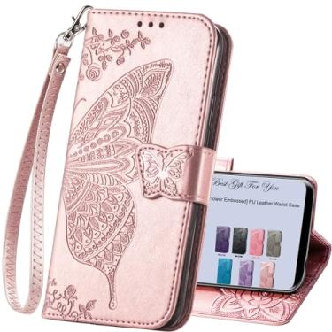 Imagem de HAOTP Capa para celular Samsung Galaxy A15 5G carteira, capa flip feminina porta-cartões de crédito em relevo flor borboleta bolsa de couro PU alça de pulso suporte para Samsung Galaxy A15 5G ouro
