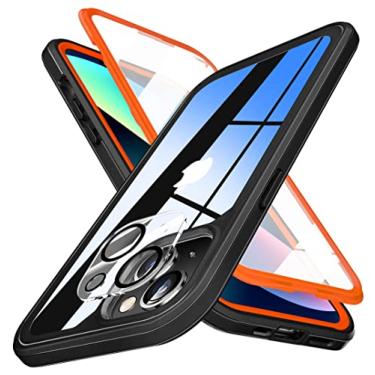 Imagem de Qutechwood Capa para iPhone 13 com protetor de tela de vidro temperado integrado 2x + 2x protetor de lente de câmera, [mais recente 2022] capas de telefone tudo em um para iPhone 13 6,1 polegadas (laranja preto)