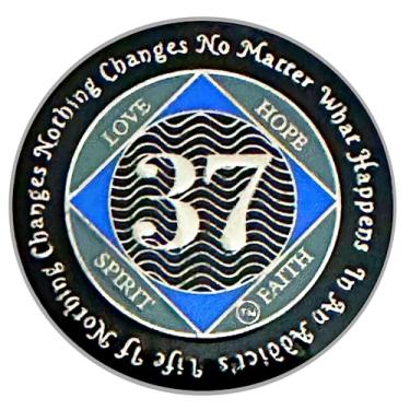 Imagem de (Anos 1-55) Medalhão NA de 37 anos, prata, cor azul, moeda coberta com epóxi Narcóticos Anônimos (NA 37 anos)