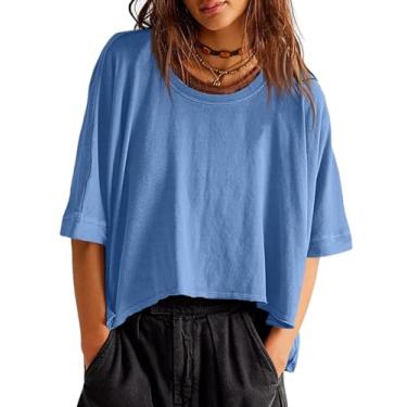 Imagem de Tankaneo Camisetas femininas grandes cropped verão casual manga curta ajuste solto, Azul, M