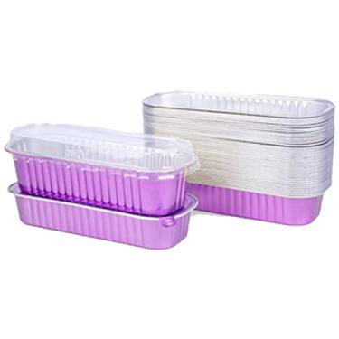 Imagem de OUKEYI Mini formas de pão de folha de alumínio de 200 ml com tampas, formas retangulares para assar, formas de muffin, formas reutilizáveis, mini formas de assar, suportes para bolos de pão rosa,