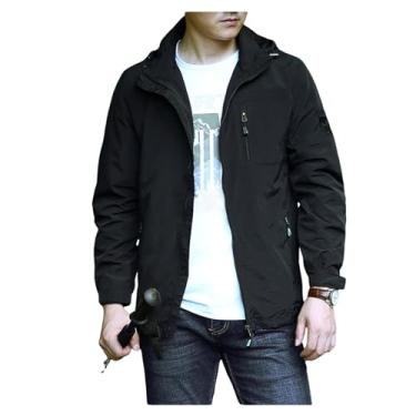 Imagem de Jaqueta masculina leve, corta-vento, bolsos funcionais, capa de chuva, casaco com cintura elástica, Preto, M