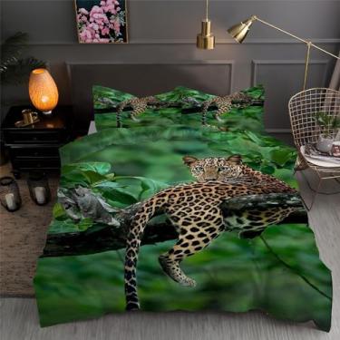 Imagem de Jogo de cama com capa de edredom de leopardo e dinheiro Queen Wildlife 3 peças de microfibra macia texturizada 228,6 cm x 228,6 cm e 2 fronhas, com fecho de zíper e laços