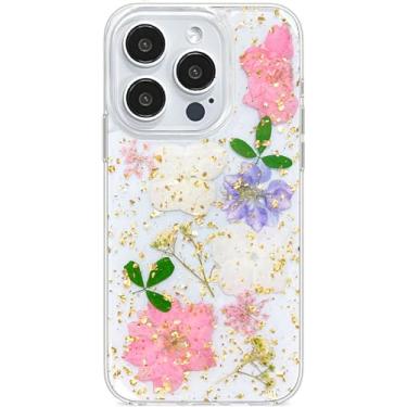 Imagem de Abbery Capa para iPhone 15 Pro transparente com design de flor prensada rosa dourada brilhante, TPU macio, roxo, branco, verdadeiro, floral, seca, estética, proteção à prova de choque para mulheres e